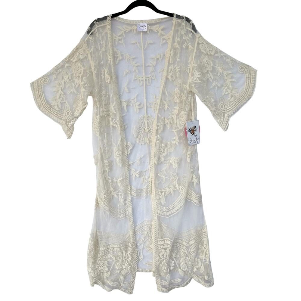 Boho Crocheted Lace Open Cardigan‎ Duster Cream Floral Romantic Sheer Maternity